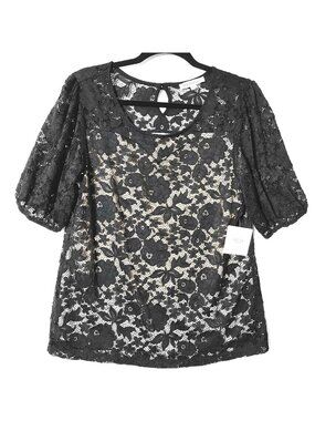 PerSeption Concept Lace Top Womens Sz L Short Puff Sleeves Black & Cream NWT